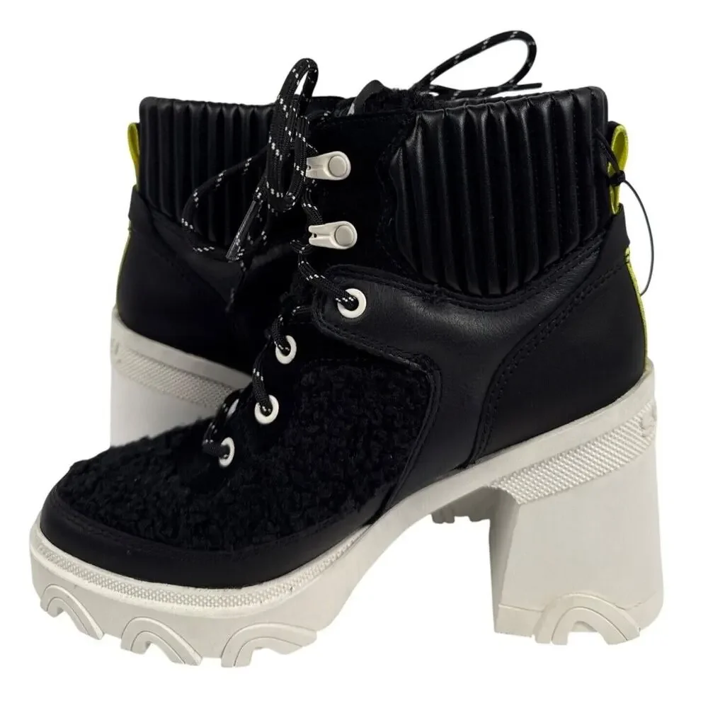 Sorel Brex‎ Heel Cozy Lace Bootie Womens 6.5 Black Leather Faux Shearling